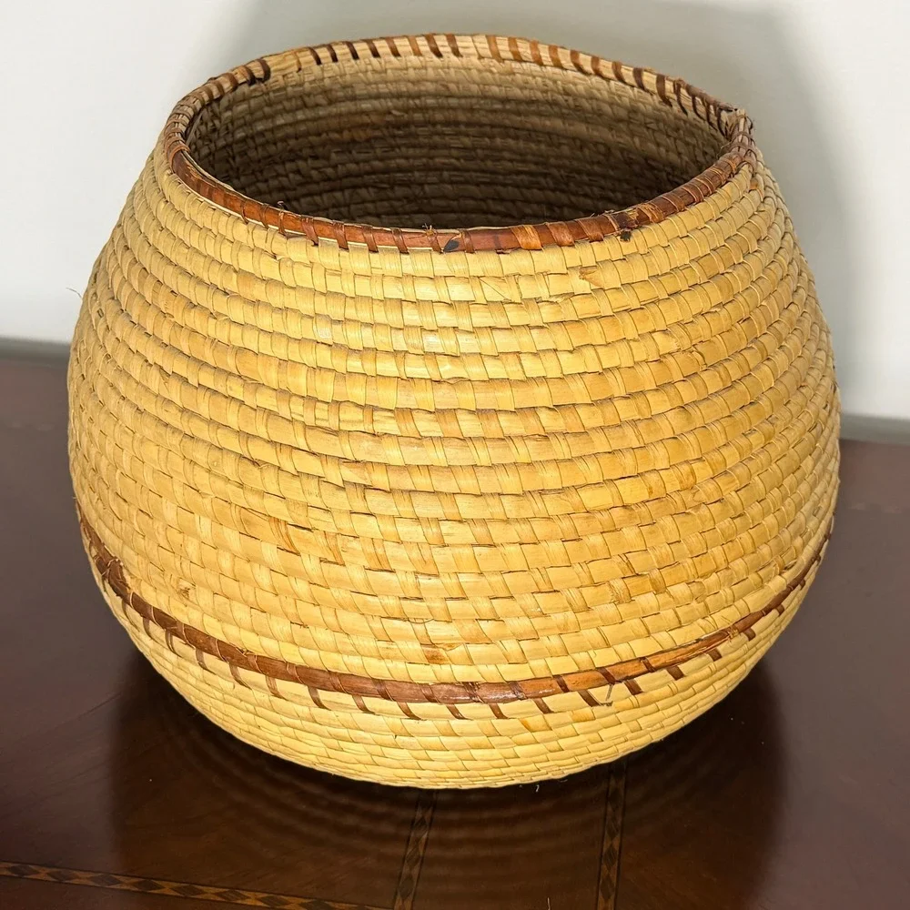 Vintage Handwoven Coil Basket Large Tan Brown Boho Decor Folk Art Size 11in Wide